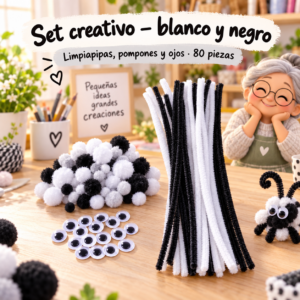 RI-0004678-1.png Set de limpiapipas, pompones y ojos, 80 piezas - Blanco y negro