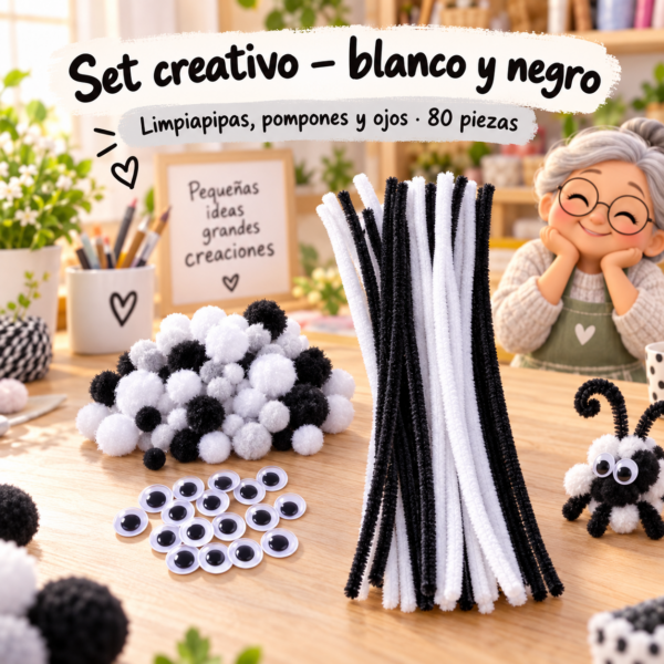 RI-0004678-1.png Set de limpiapipas, pompones y ojos, 80 piezas - Blanco y negro
