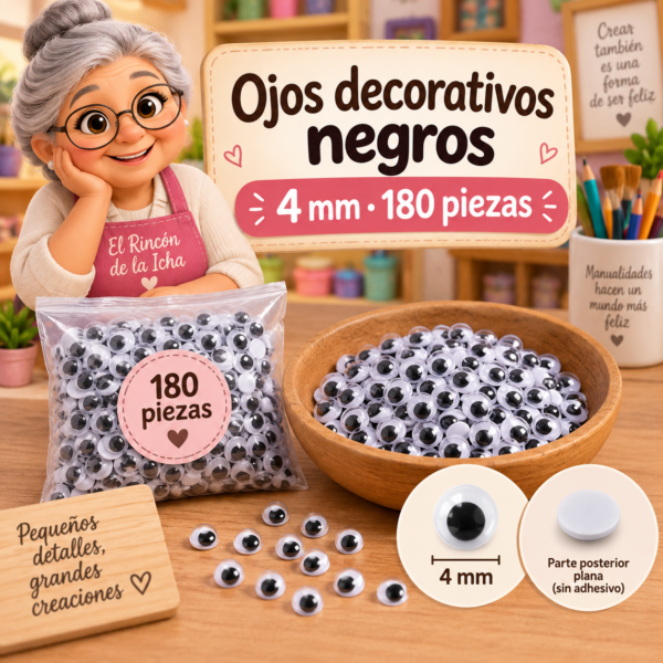 RI-0004687-1.png Ojos decorativos negros redondos 4 mm, 180 piezas
