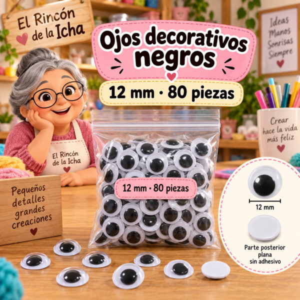 RI-0004690-1.png Ojos decorativos negros redondos 12 mm, 80 piezas