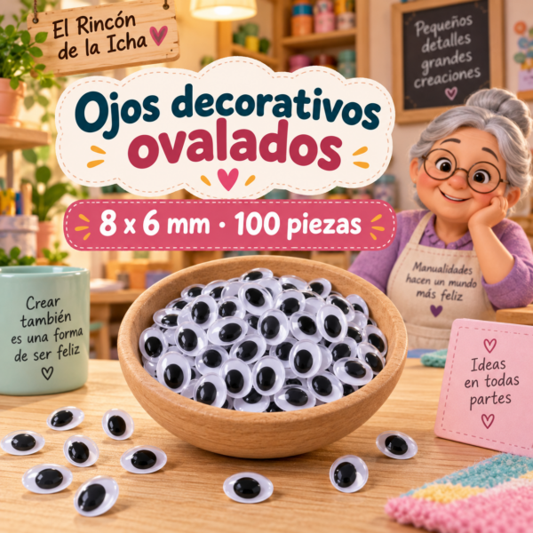 RI-0004698-1.png Ojos decorativos negros ovalados 8 x 6 mm, 100 piezas