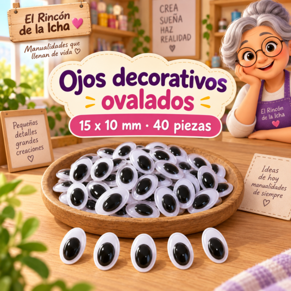 Ojos decorativos negros ovalados 15 x 10 mm, 40 piezas