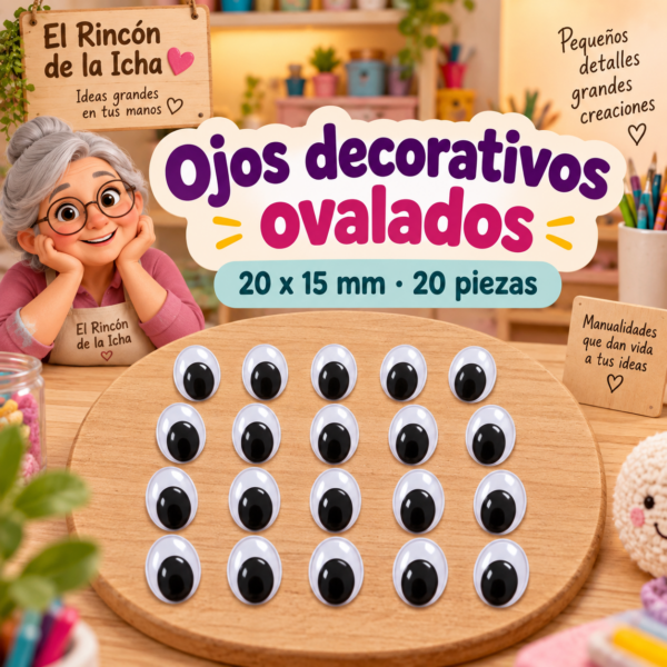 Ojos decorativos negros ovalados 20 x 15 mm, 20 piezas