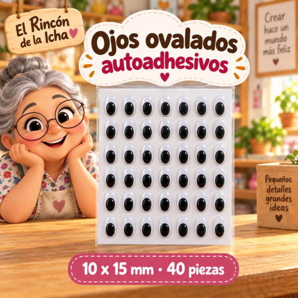 RI-0004705-1.png Ojos decorativos negros ovalados autoadhesivos 10 x 15 mm, 40 piezas