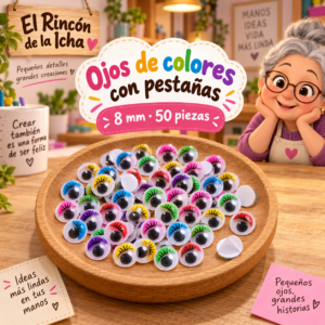 RI-0004713-1.png Ojos decorativos autoadhesivos de colores con pestañas 8 mm, 50 piezas