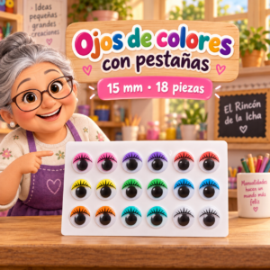 RI-0004716-1.png Ojos decorativos autoadhesivos de colores con pestañas 15 mm, 18 piezas