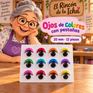 RI-0004717-1.png Ojos decorativos autoadhesivos de colores con pestañas 20 mm, 12 piezas