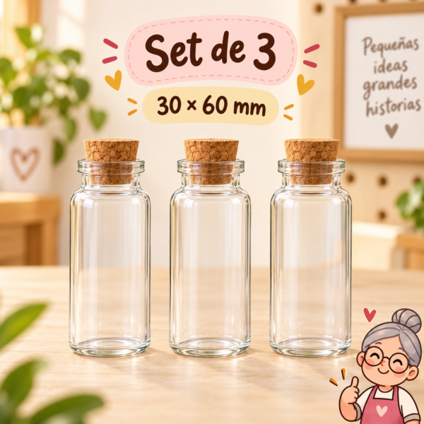 RI-0004843-1.png Set de 3 botellas de vidrio con corcho, 30x60 mm