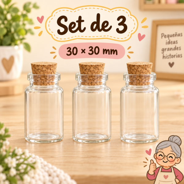 RI-0004851-1.png Set de 3 botellas de vidrio con corcho, 30x30 mm