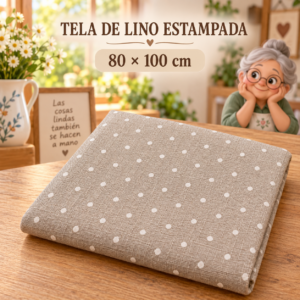 Tela de lino estampada con puntos blancos, ±80 x 100 cm