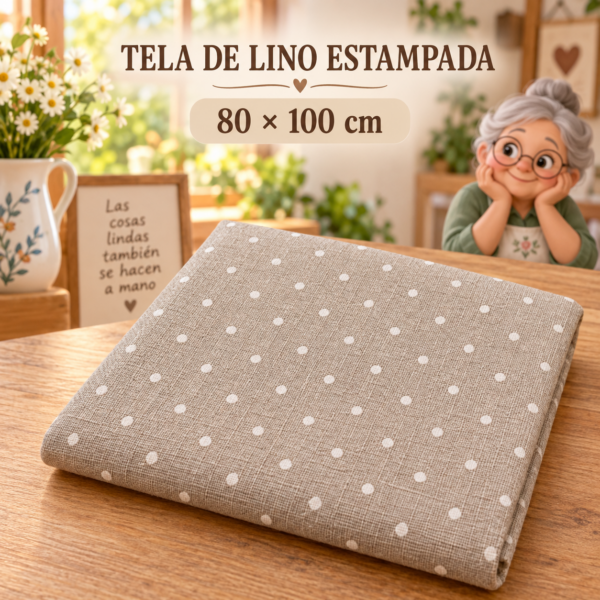 RI-0004910-1.png Tela de lino estampada con puntos blancos, ±80 x 100 cm