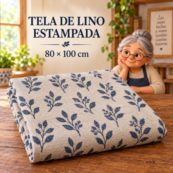 RI-0004911-1.png Tela de lino estampada con hojas, ±80 x 100 cm