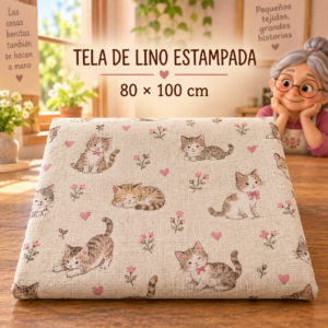 Tela de lino estampada con gatitos, ±80 x 100 cm