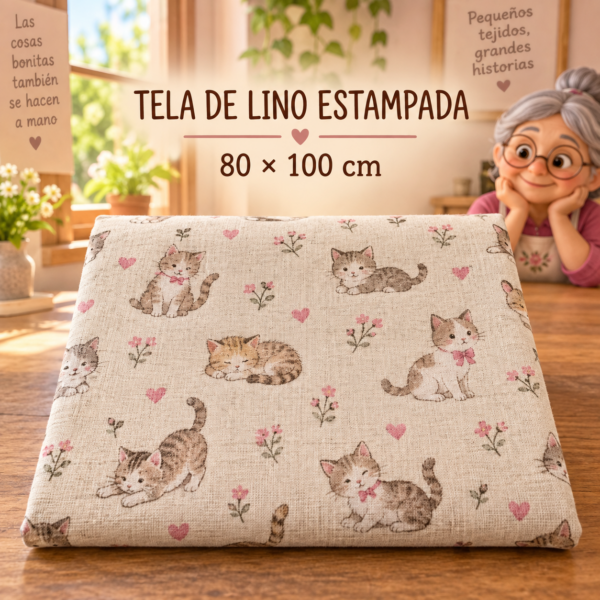 RI-0004913-1.png Tela de lino estampada con gatitos, ±80 x 100 cm