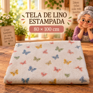 Tela de lino estampada con mariposas de colores, ±80 x 100 cm