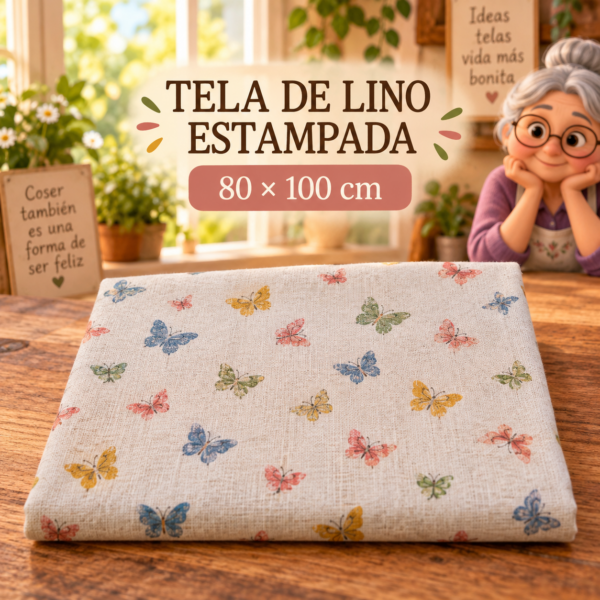 RI-0004914-1.png Tela de lino estampada con mariposas de colores, ±80 x 100 cm