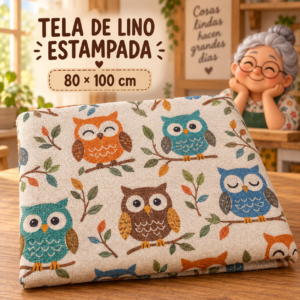 Tela de lino estampada con búhos de colores, ±80 x 100 cm