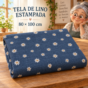 Tela de lino estampada con margaritas, ±80 x 100 cm