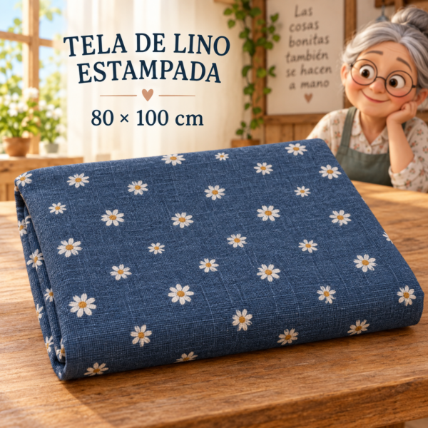 RI-0004916-1.png Tela de lino estampada con margaritas, ±80 x 100 cm