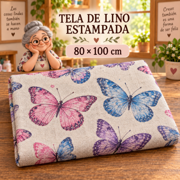 RI-0004917-1.png Tela de lino estampada con mariposas grandes, ±80 x 100 cm