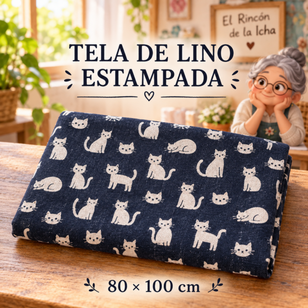 RI-0004919-1.png Tela de lino estampada con gatos, ±80 x 100 cm