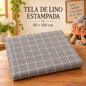 Tela de lino estampada con cuadrícula gris, ±80 x 100 cm