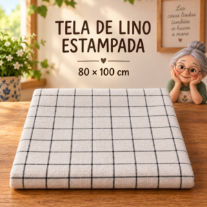 Tela de lino estampada con cuadrícula blanca, ±80 x 100 cm