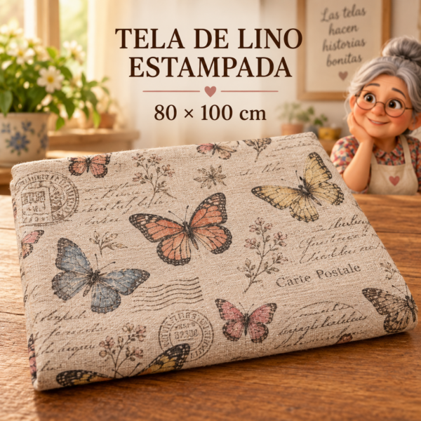 RI-0004923-1.png Tela de lino estampada con mariposas vintage, ±80 x 100 cm