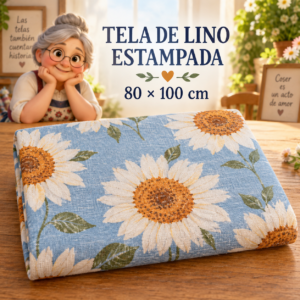 Tela de lino estampada con girasoles, ±80 x 100 cm