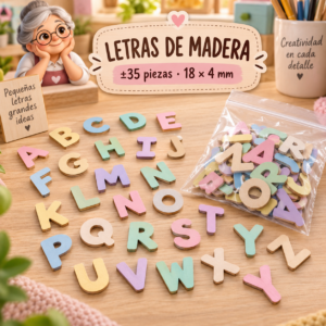 Set de letras de madera, colores macaron claros, ±35 piezas, 18 × 4 mm