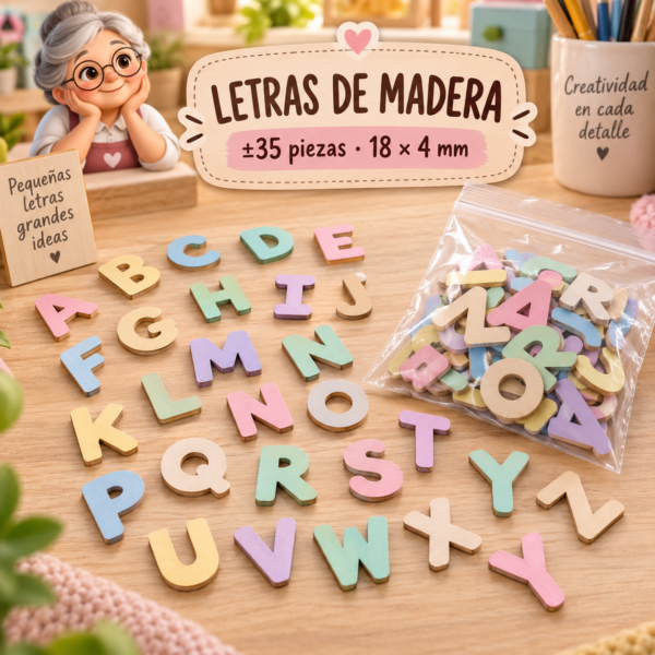 RI-0004927-1.png Set de letras de madera, colores macaron claros, ±35 piezas, 18 × 4 mm