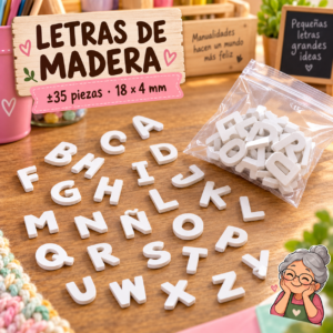 Set de letras de madera, madera natural, ±35 piezas, 18 × 4 mm
