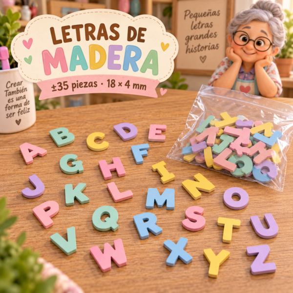 RI-0004930-1.png Set de letras de madera, blanco, ±35 piezas, 18 × 4 mm