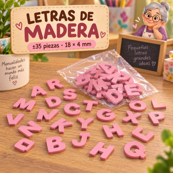 RI-0004931-1.png Set de letras de madera, rosado, ±35 piezas, 18 × 4 mm