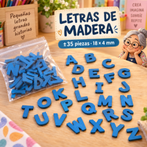 Set de letras de madera, azul, ±35 piezas, 18 × 4 mm