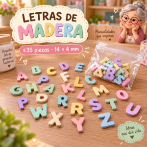 Set de letras de madera, colores macaron claros, ±35 piezas, 14 × 4 mm