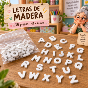 Set de letras de madera, blanco, ±35 piezas, 14 × 4 mm