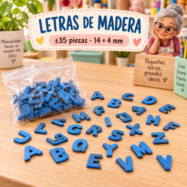 RI-0004936-1.png Set de letras de madera, azul, ±35 piezas, 14 × 4 mm