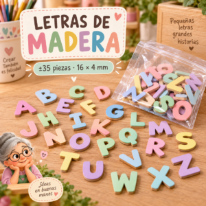 Set de letras de madera, colores macaron claros, ±35 piezas, 16 × 4 mm