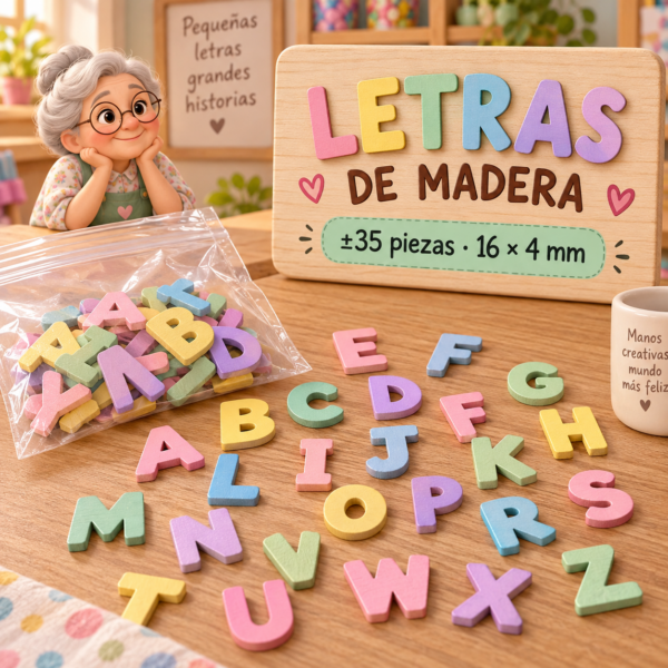 RI-0004938-1.png Set de letras de madera, colores macaron surtidos, ±35 piezas, 16 × 4 mm