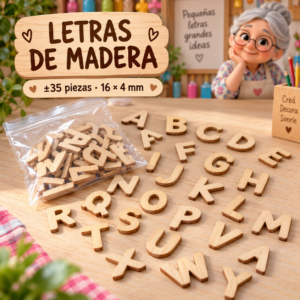 Set de letras de madera, madera natural, ±35 piezas, 16 × 4 mm