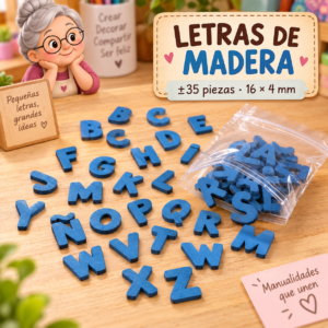 Set de letras de madera, azul, ±35 piezas, 16 × 4 mm