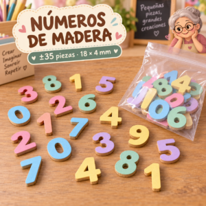 Set de números de madera, colores macaron surtidos, ±35 piezas, 18 × 4 mm