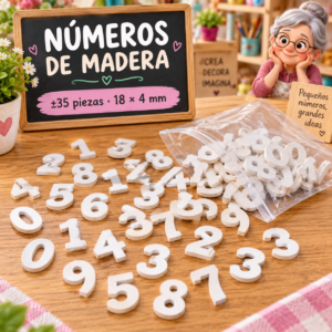 Set de números de madera, blanco, ±35 piezas, 18 × 4 mm
