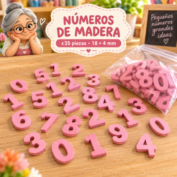 RI-0004947-1.png Set de números de madera, rosado, ±35 piezas, 18 × 4 mm