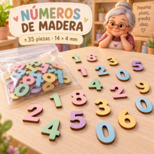 Set de números de madera, colores macaron claros, ±35 piezas, 14 × 4 mm