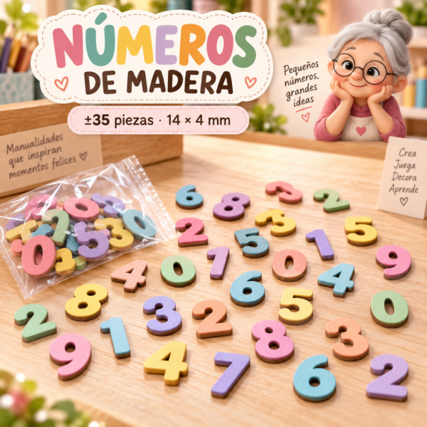 RI-0004950-1.png Set de números de madera, colores macaron surtidos, ±35 piezas, 14 × 4 mm