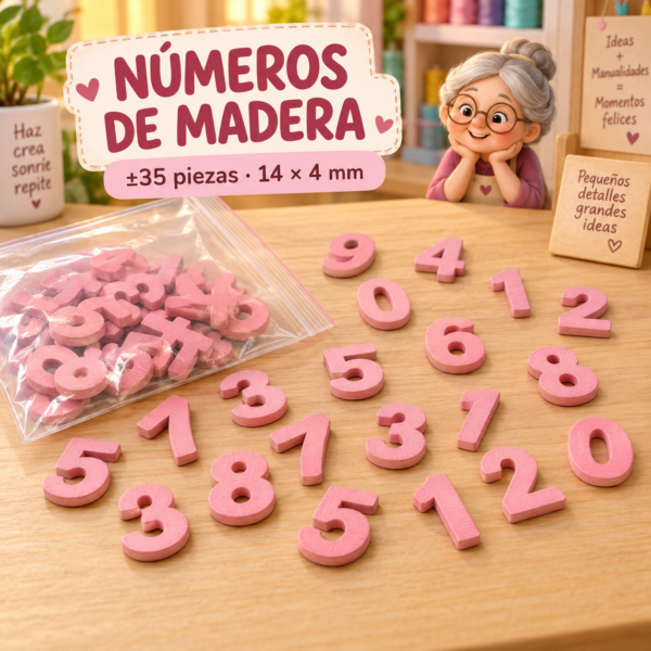 RI-0004951-1.png Set de números de madera, rosado, ±35 piezas, 14 × 4 mm