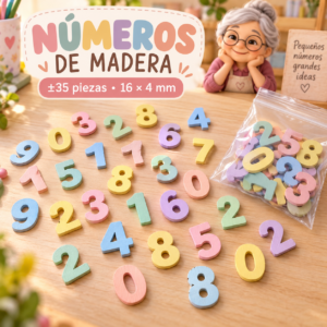 Set de números de madera, colores macaron claros, ±35 piezas, 16 × 4 mm