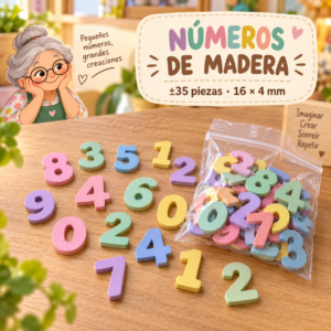 Set de números de madera, colores macaron surtidos, ±35 piezas, 16 × 4 mm